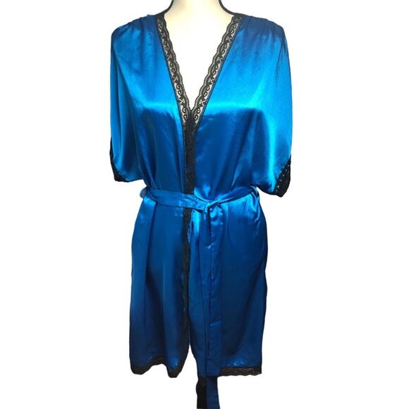 Lily of France vintage blue satin silky black lace robe large - Picture 1 of 7